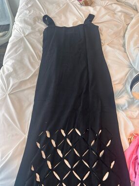 Black Midi Dress with Cutout Lattice Hem